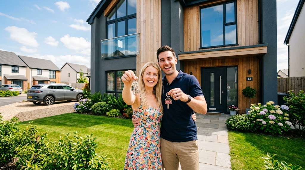 A happy young couple holding keys outside their new modern home, achieving homeownership via rent to buy.