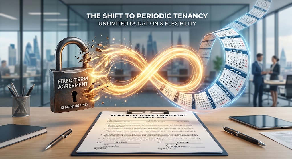 Concept illustration of periodic tenancy replacing fixed term rental contracts in the UK real estate.