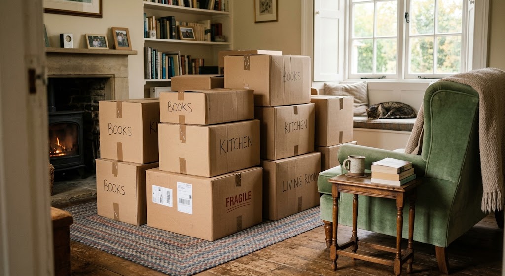 Cardboard moving boxes stacked in a cozy British living room, symbolizing the end of a fixed-term tenancy.
