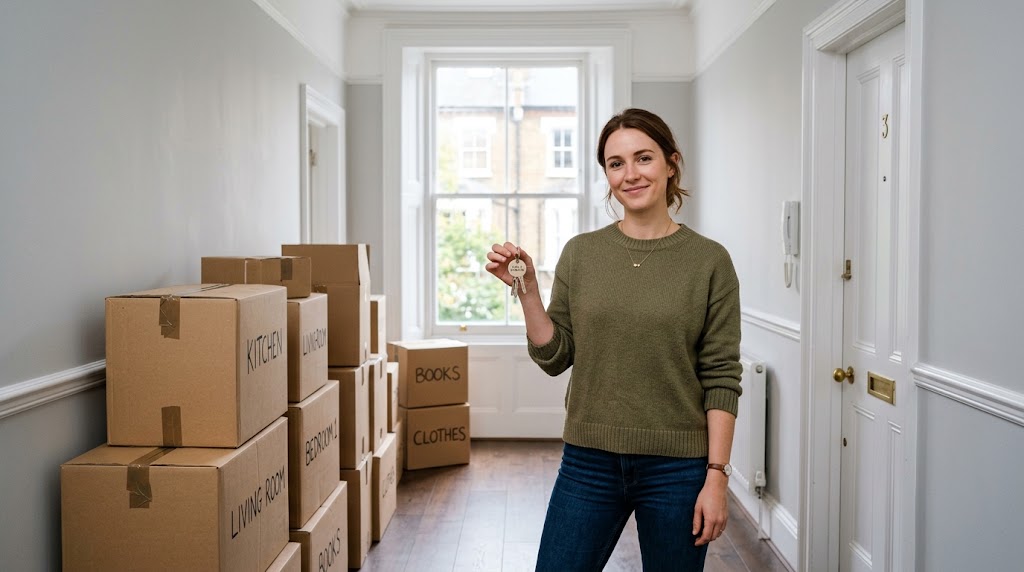 Tenant holding house keys by moving boxes for check-out inventory and deposit return