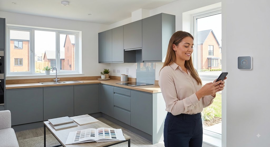 Modern interior of a bright, new build open-plan kitchen and living area with energy-efficient windows. A woman controls a smart thermostat with her phone. Modern interior of a bright, new build open-plan kitchen and living area with energy-efficient windows. A woman controls a smart thermostat with her phone.