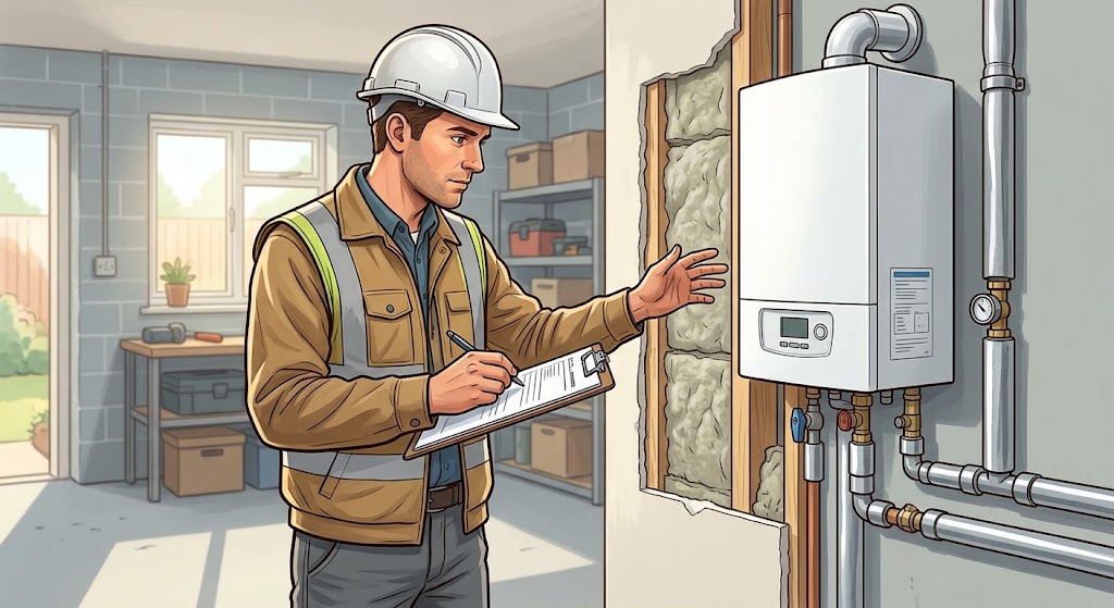 Certified Domestic Energy Assessor inspecting a modern boiler and insulation for a UK EPC assessment. Certified Domestic Energy Assessor inspecting a modern boiler and insulation for a UK EPC assessment.