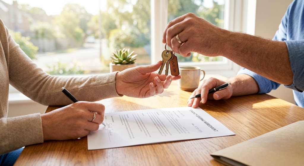 Close-up of a real estate transaction: signing a tenancy leasing agreement and handing over house keys. Close-up of a real estate transaction: signing a tenancy leasing agreement and handing over house keys.