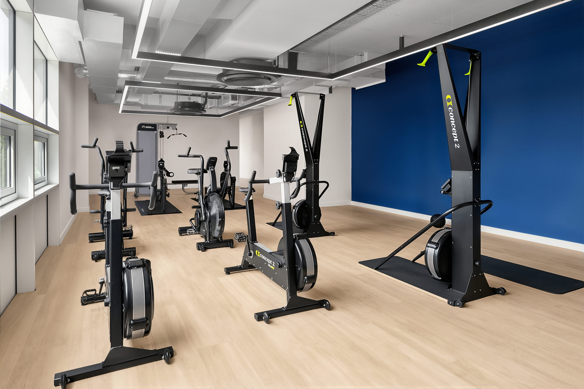 Modern residents gym equipped with stationary bikes and cardio fitness machines Modern residents gym equipped with stationary bikes and cardio fitness machines