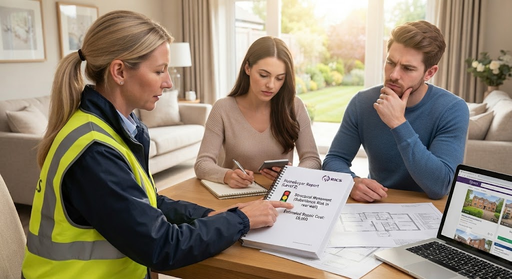 A sunlit living room scene where a surveyor shows a couple an open RICS Level 2 Homebuyer Report with a red warning for structural movement and estimated repair costs.