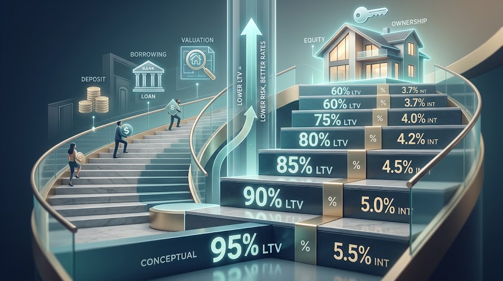Financial staircase illustrating UK mortgage LTV tiers and how deposits affect interest rates. Financial staircase illustrating UK mortgage LTV tiers and how deposits affect interest rates.