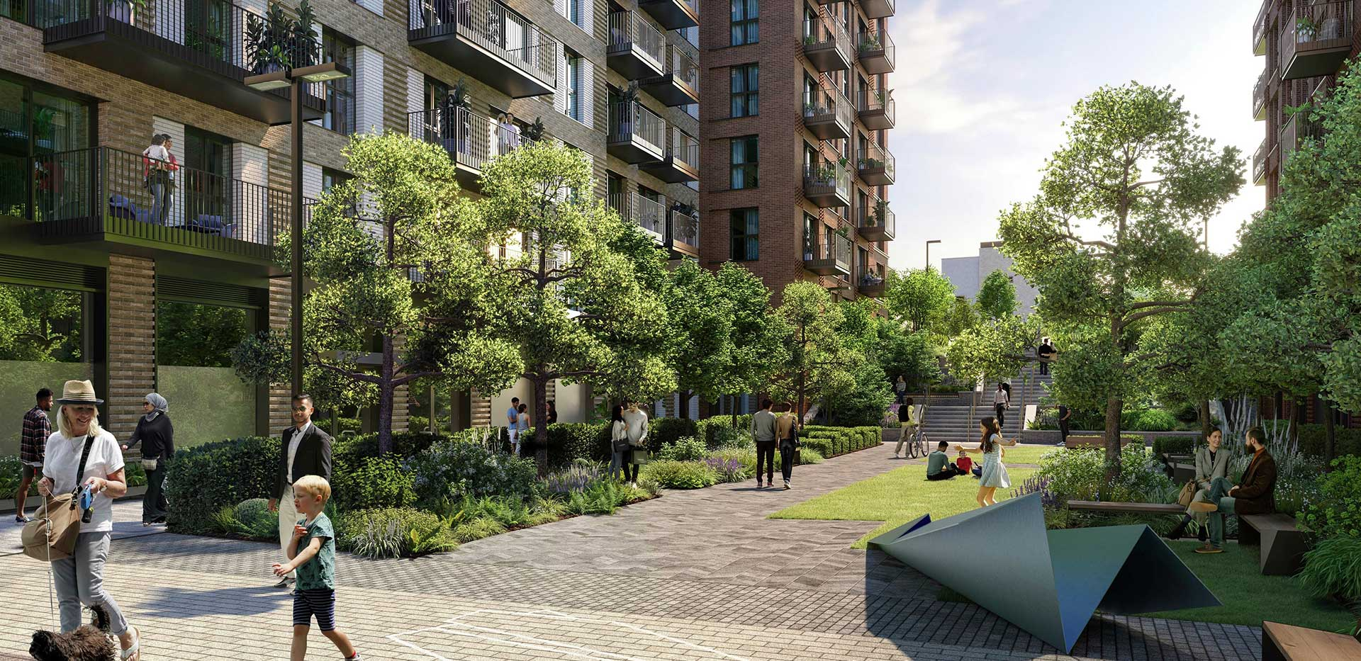 Tree-lined pedestrian street with benches and modern residential buildings in Watford