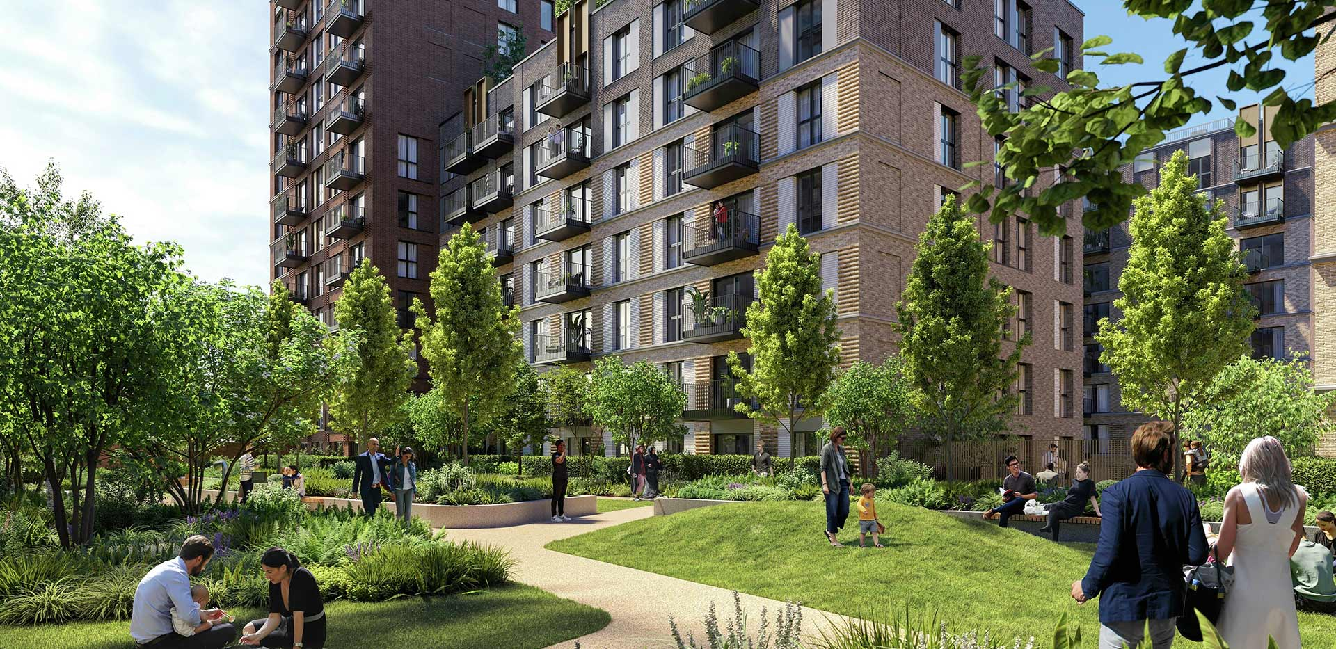 Green landscaped gardens, trees, and walking paths outside residential apartment buildings