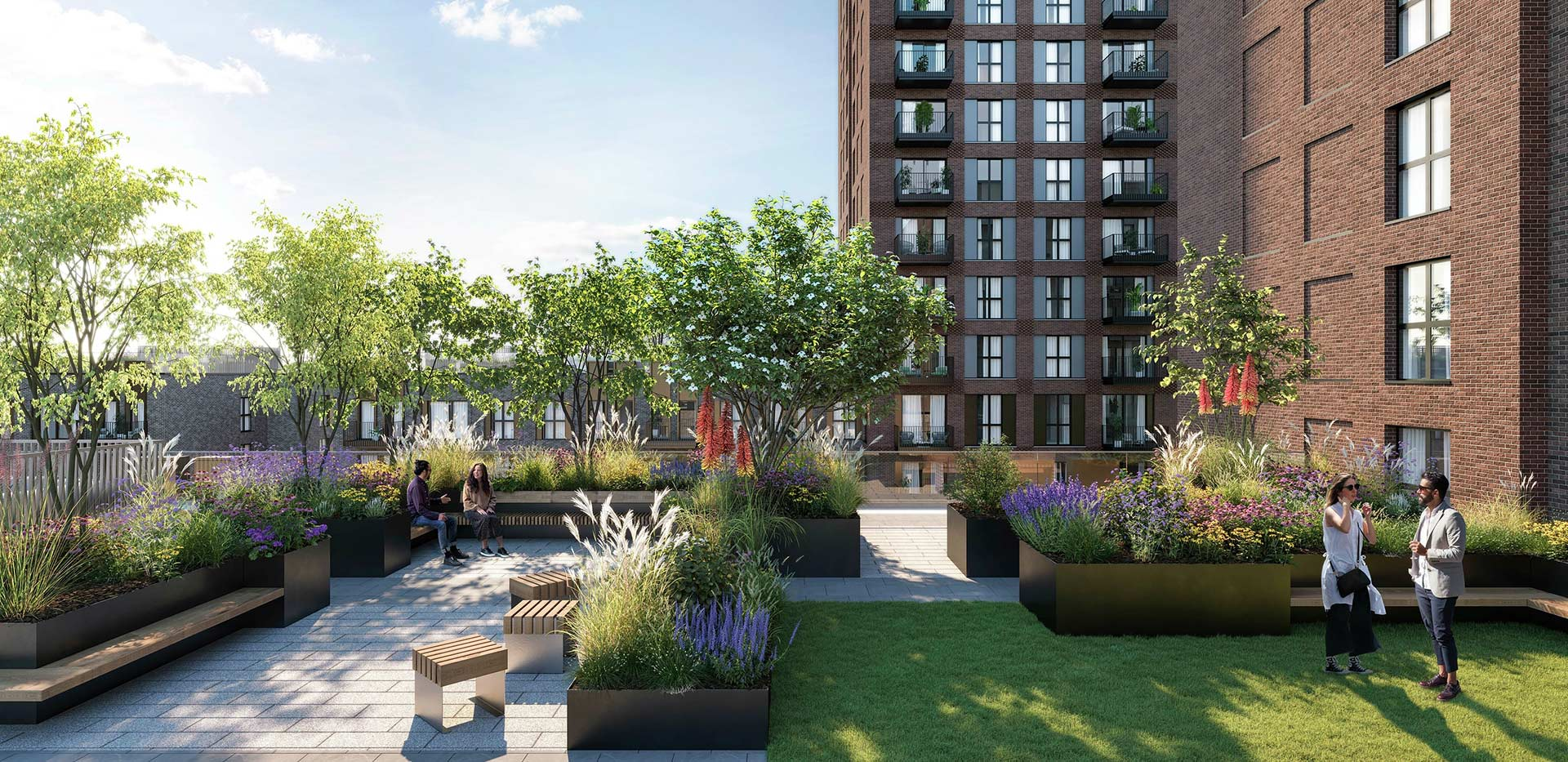 Residents enjoying a landscaped rooftop garden with seating areas, flowers, and city views