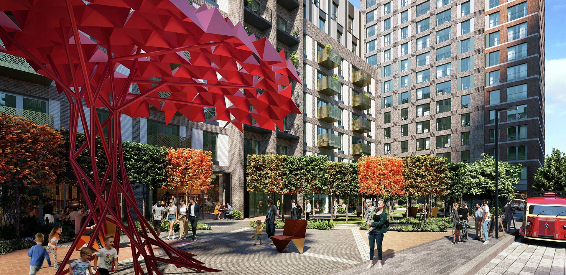 Modern public plaza at The Exchange Watford with contemporary art installation, shops, and seating