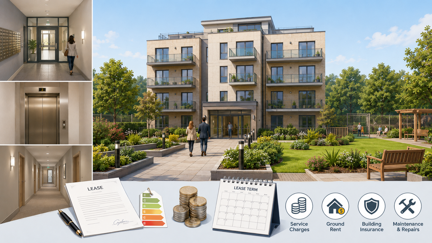 Modern leasehold apartment with shared areas, service charges, ground rent and maintenance costs.