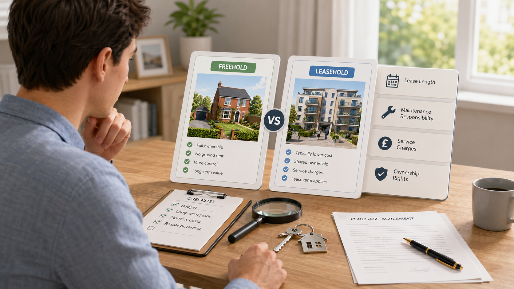 Homebuyer comparing freehold and leasehold options using a checklist, keys and purchase documents.