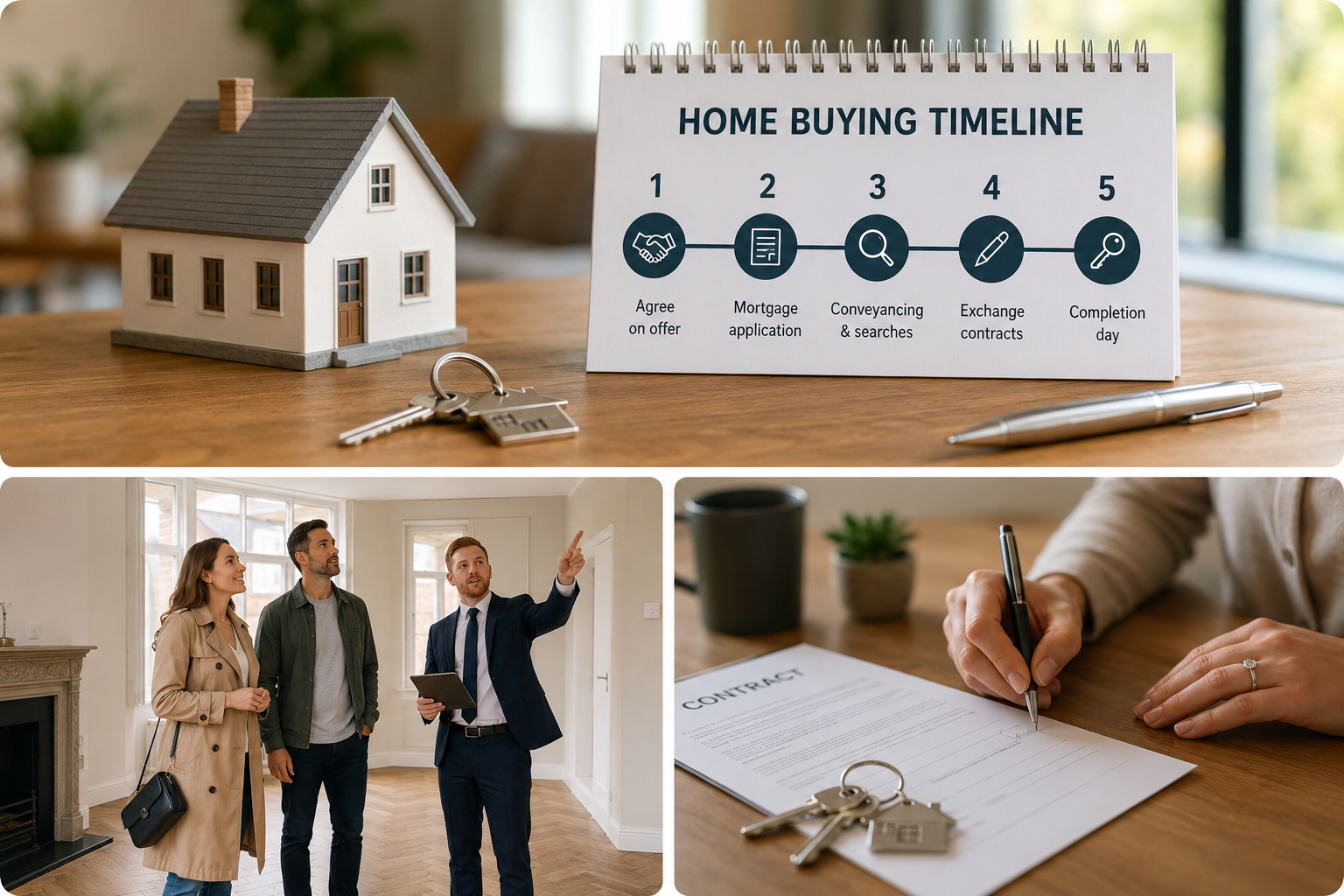 Collage of a home buying timeline checklist, a couple moving into a new home, and a sold property sign. Collage of a home buying timeline checklist, a couple moving into a new home, and a sold property sign.