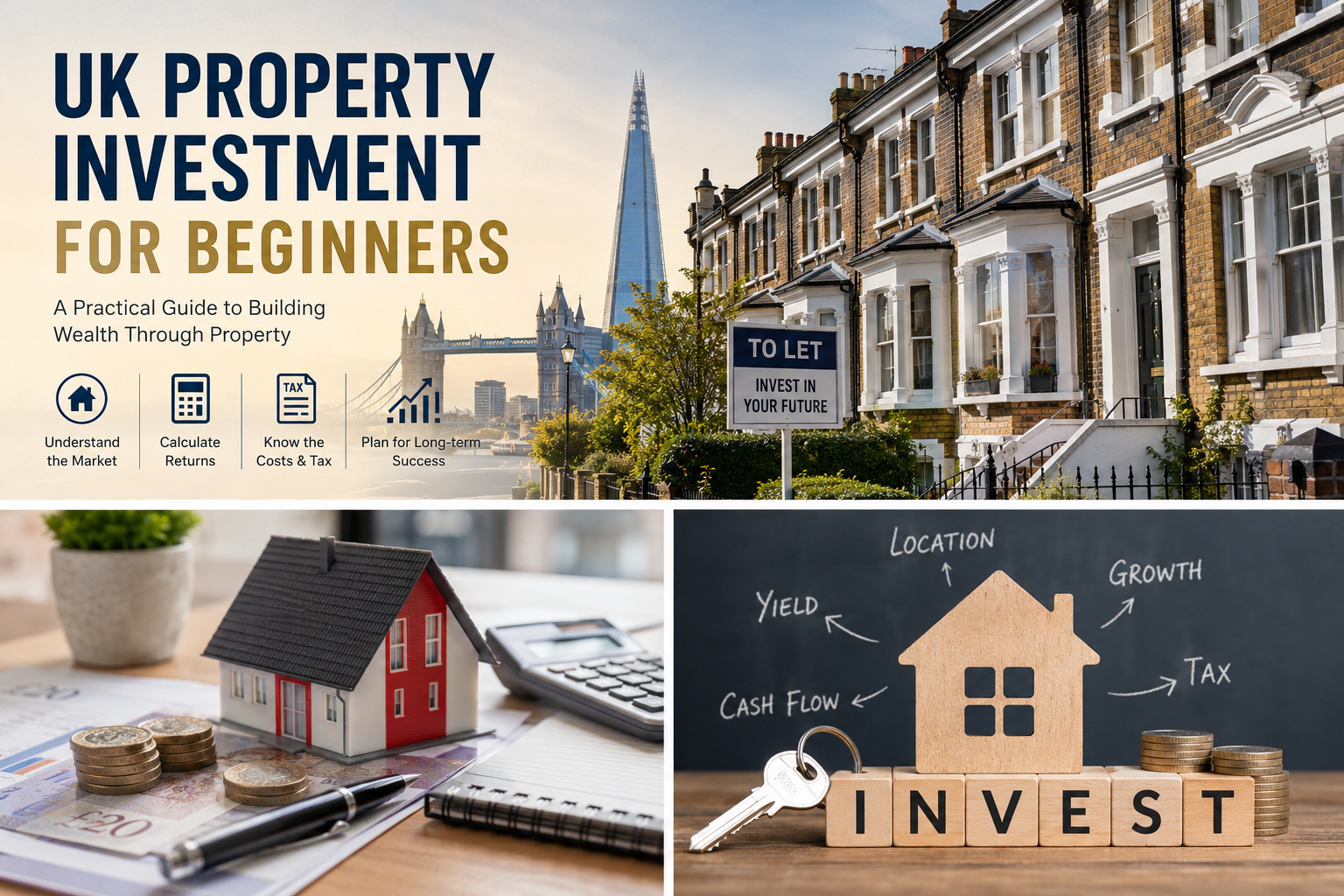 Model house, coins, calculator and documents illustrating UK property costs, returns and budgeting. Model house, coins, calculator and documents illustrating UK property costs, returns and budgeting.