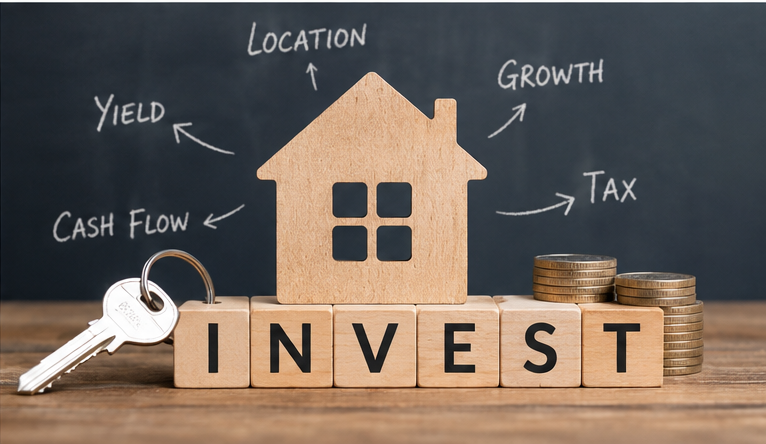 Wooden house, keys and coins with yield, cash flow, tax and growth concepts for property investors. Wooden house, keys and coins with yield, cash flow, tax and growth concepts for property investors.