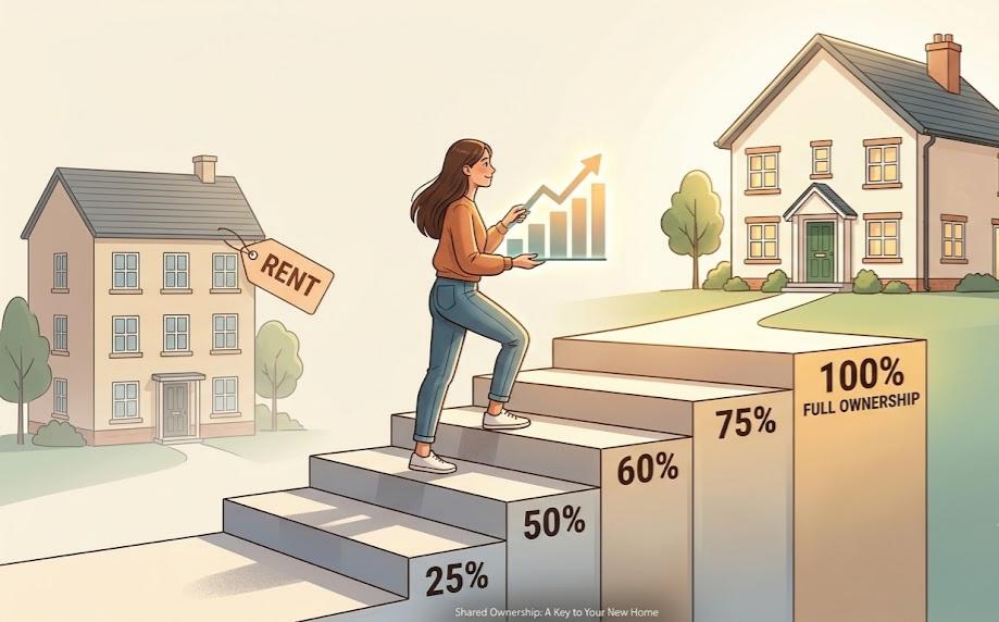An illustration of a woman climbing stairs labeled with percentages toward 100% full ownership.