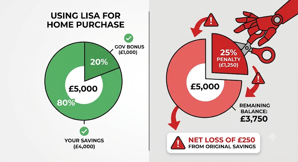 Diagram comparing a 20% LISA government bonus for buying a home against a 25% withdrawal penalty. Diagram comparing a 20% LISA government bonus for buying a home against a 25% withdrawal penalty.