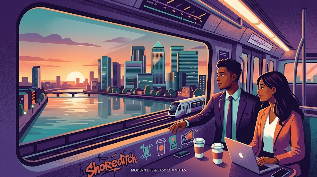 Young professionals on a modern train looking at the Canary Wharf skyline, with street art details. Young professionals on a modern train looking at the Canary Wharf skyline, with street art details.
