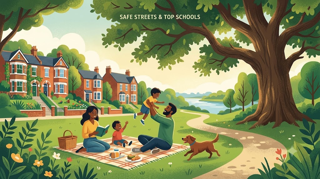 A family enjoying a sunny picnic in a lush green park with classic Victorian houses in the background. A family enjoying a sunny picnic in a lush green park with classic Victorian houses in the background.