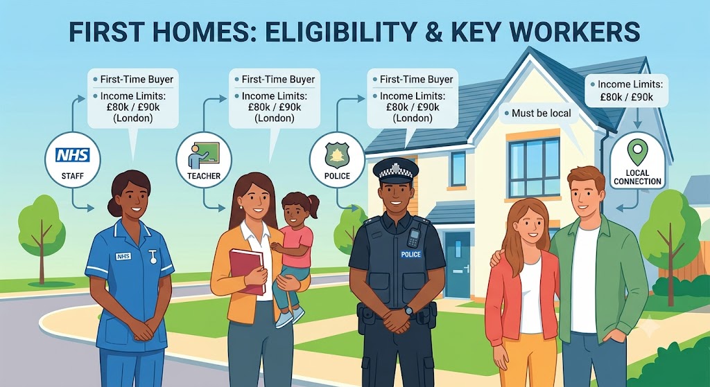 An infographic illustration titled 'FIRST HOMES: ELIGIBILITY & KEY WORKERS'. A diverse group of four people (an NHS nurse, a teacher, a police officer, and a young couple) stand in front of a modern UK house. Icons above each show categories: 'NHS STAFF', 'TEACHER', 'POLICE', and 'LOCAL CONNECTION'. Small text highlights key details: 'First-Time Buyer', 'Must be local', and 'Income Limits: £80k / £90k'. An infographic illustration titled 'FIRST HOMES: ELIGIBILITY & KEY WORKERS'. A diverse group of four people (an NHS nurse, a teacher, a police officer, and a young couple) stand in front of a modern UK house. Icons above each show categories: 'NHS STAFF', 'TEACHER', 'POLICE', and 'LOCAL CONNECTION'. Small text highlights key details: 'First-Time Buyer', 'Must be local', and 'Income Limits: £80k / £90k'.