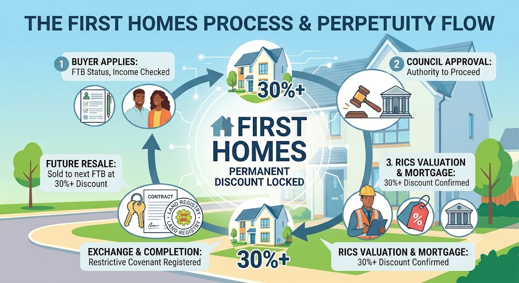 A cyclical infographic titled 'THE FIRST HOMES PROCESS & PERPETUITY FLOW'. A central logo with a modern house says 'PERMANENT DISCOUNT LOCKED'. Surrounding it, five numbered stages connect with arrows: 1. BUYER APPLIES, 2. COUNCIL APPROVAL, 3. RICS VALUATION & MORTGAGE, 4. EXCHANGE & COMPLETION (Restrictive Covenant registered), 5. FUTURE RESALE (Sold to next FTB at 30%+ Discount). The cycle loops back to Stage 1. A cyclical infographic titled 'THE FIRST HOMES PROCESS & PERPETUITY FLOW'. A central logo with a modern house says 'PERMANENT DISCOUNT LOCKED'. Surrounding it, five numbered stages connect with arrows: 1. BUYER APPLIES, 2. COUNCIL APPROVAL, 3. RICS VALUATION & MORTGAGE, 4. EXCHANGE & COMPLETION (Restrictive Covenant registered), 5. FUTURE RESALE (Sold to next FTB at 30%+ Discount). The cycle loops back to Stage 1.