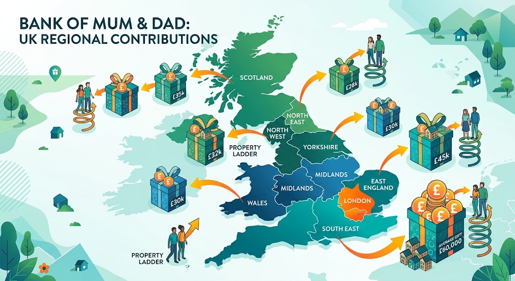 Map showing average UK regional financial contributions from the Bank of Mum and Dad for property deposits. Map showing average UK regional financial contributions from the Bank of Mum and Dad for property deposits.