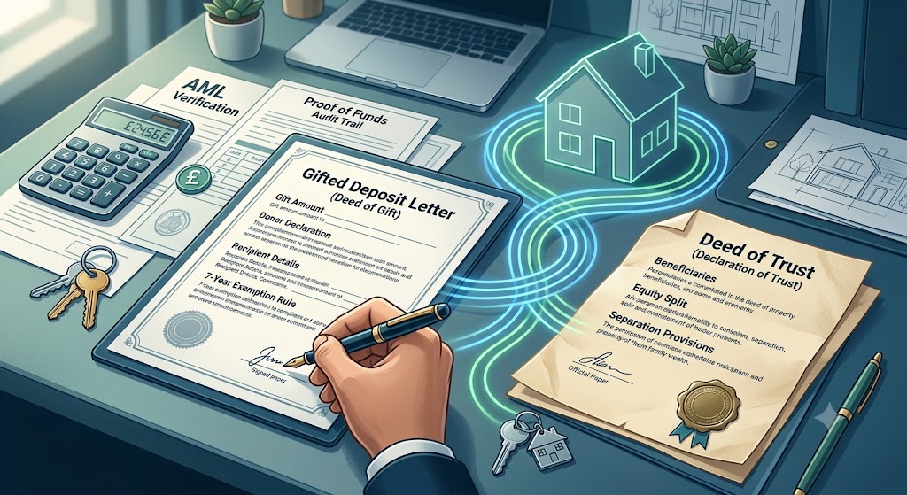 Legal paperwork for a home deposit, including a Gifted Deposit Letter and Deed of Trust with house keys. Legal paperwork for a home deposit, including a Gifted Deposit Letter and Deed of Trust with house keys.