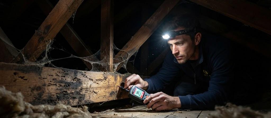 A detailed close-up inside a dusty attic, where a surveyor uses a headlamp and a moisture meter on a timber beam, showing high moisture and insect damage. A detailed close-up inside a dusty attic, where a surveyor uses a headlamp and a moisture meter on a timber beam, showing high moisture and insect damage.