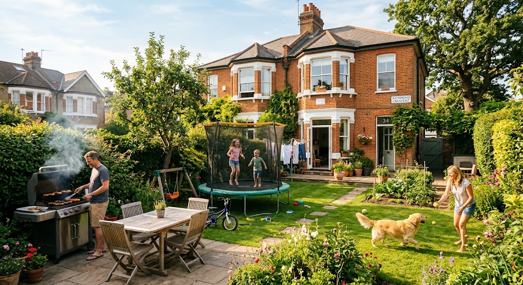 A family in a lush garden behind a Victorian house in Richmond. Father barbecues, kids on trampoline, mother plays with dog. A family in a lush garden behind a Victorian house in Richmond. Father barbecues, kids on trampoline, mother plays with dog.