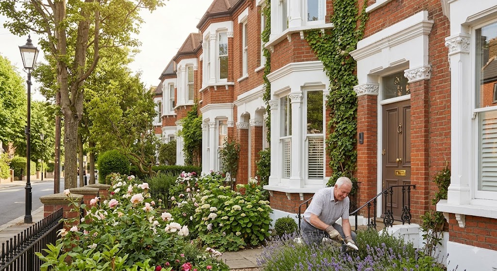 Charming exterior of a grand, red brick Victorian terraced house with historical details and a mature, lush garden being tended by a gardener. Charming exterior of a grand, red brick Victorian terraced house with historical details and a mature, lush garden being tended by a gardener.