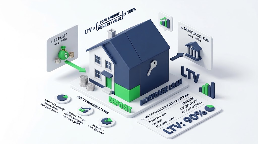 3D isometric LTV infographic. House model split into green deposit and blue mortgage loan sections. 3D isometric LTV infographic. House model split into green deposit and blue mortgage loan sections.