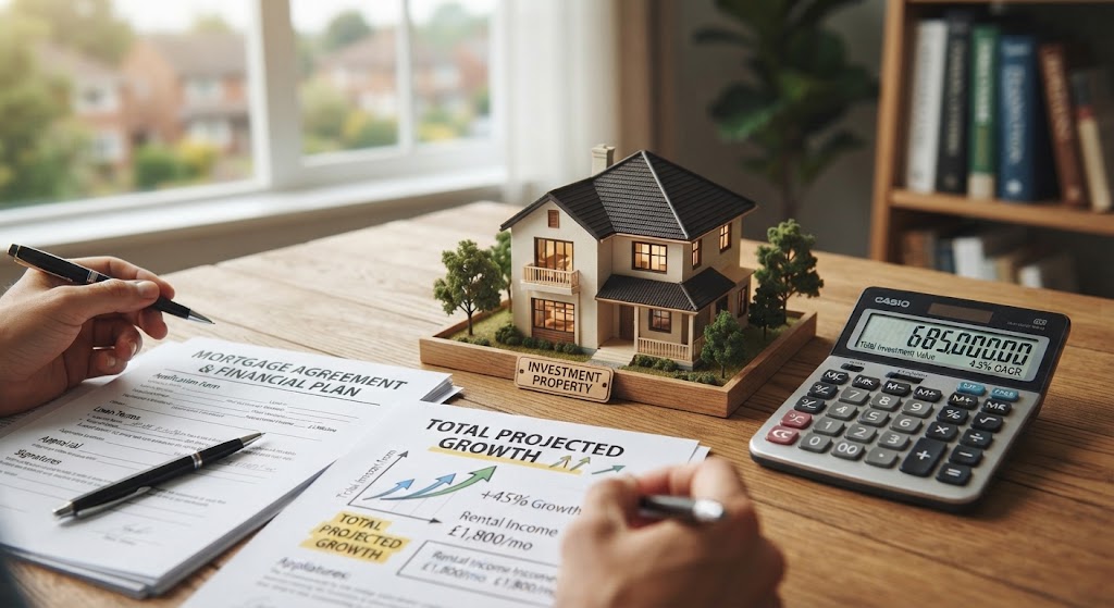 A house model with a calculator and mortgage documents, highlighting essential financial planning for property investment.