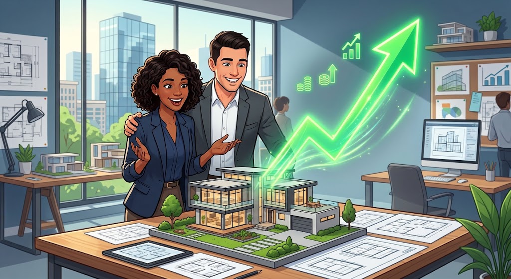 A modern illustration of a couple examining a house scale model alongside a rising green trend arrow.