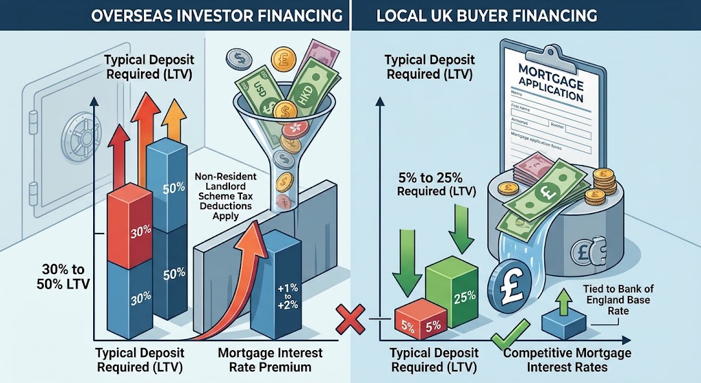 Infographic comparing higher deposits (30-50% LTV) and interest rates for overseas investors vs. lower entry barriers for local UK buyers. Infographic comparing higher deposits (30-50% LTV) and interest rates for overseas investors vs. lower entry barriers for local UK buyers.