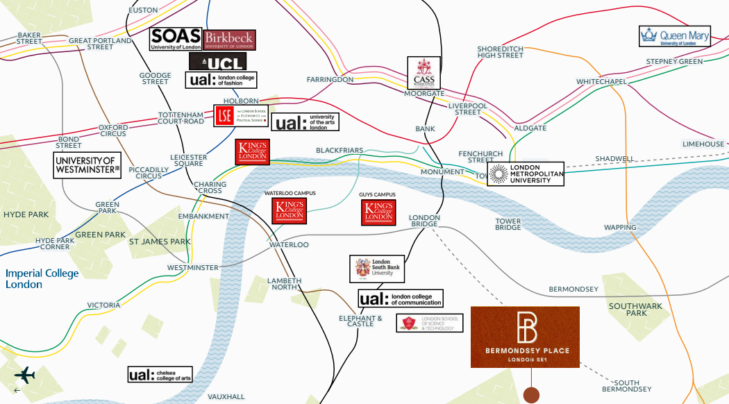 Bermondsey Place SE1 location map showing London universities and tube connections Bermondsey Place SE1 location map showing London universities and tube connections