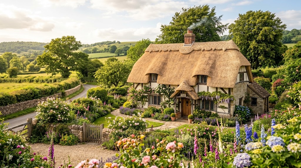 Beautiful historic thatched roof cottage in the UK countryside, showcasing non-standard construction. Beautiful historic thatched roof cottage in the UK countryside, showcasing non-standard construction.