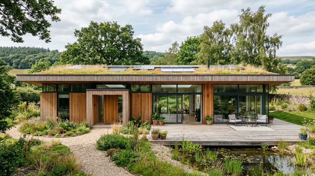 Modern eco-friendly home with flat roof and timber cladding, representing unique property investments. Modern eco-friendly home with flat roof and timber cladding, representing unique property investments.