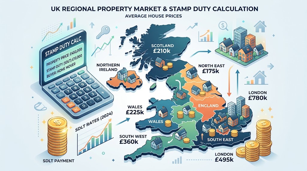 UK map graphic with miniature houses, a calculator, and coins representing regional Stamp Duty costs. UK map graphic with miniature houses, a calculator, and coins representing regional Stamp Duty costs.