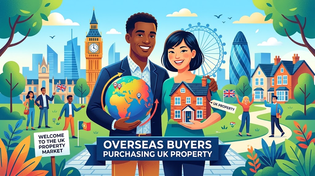 Diverse international couple holding a globe and a British house model, symbolizing overseas buyers. Diverse international couple holding a globe and a British house model, symbolizing overseas buyers.