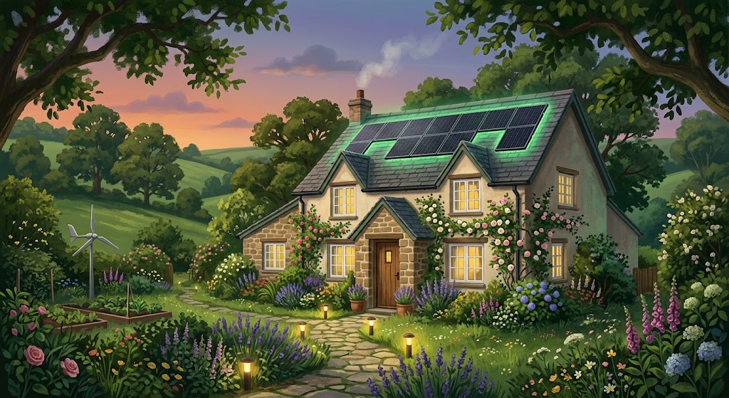 production/lanshauk-uk/images/2026/08/31/3.jpg Eco-friendly UK property featuring solar panels, lush greenery, and green home energy improvements.