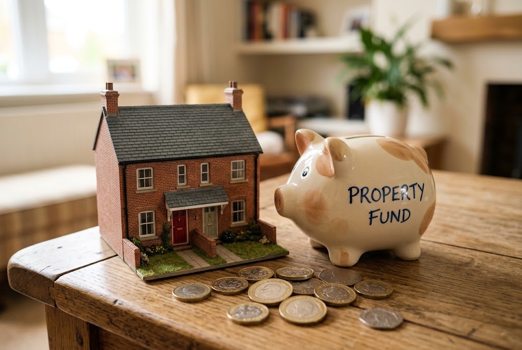 British pound coins and house model showing family wealth transfer and property deposit savings.