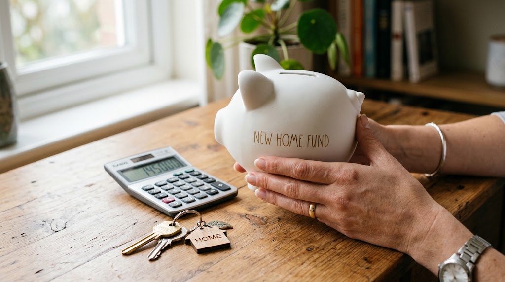 Hands holding a piggy bank with house keys and a calculator, showing financial planning to buy a house. Hands holding a piggy bank with house keys and a calculator, showing financial planning to buy a house.