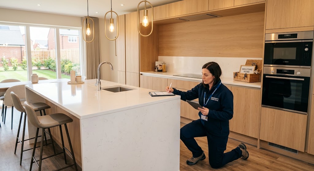 Real estate professional conducting a property inspection in a modern home kitchen before moving in. Real estate professional conducting a property inspection in a modern home kitchen before moving in.