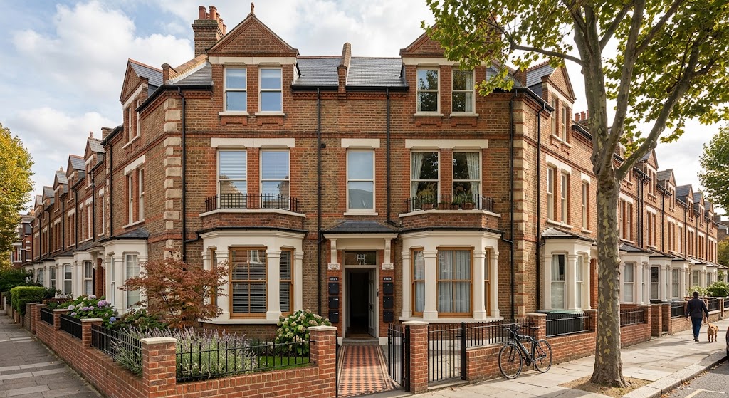 Traditional UK Victorian terraced house converted into residential flats for buy-to-let investment. Traditional UK Victorian terraced house converted into residential flats for buy-to-let investment.