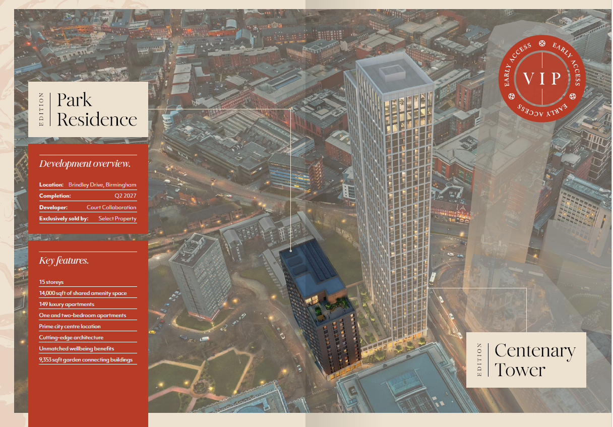 Aerial view of Centenary Tower and Park Residence luxury apartments in Brindley Drive, Birmingham. Aerial view of Centenary Tower and Park Residence luxury apartments in Brindley Drive, Birmingham.