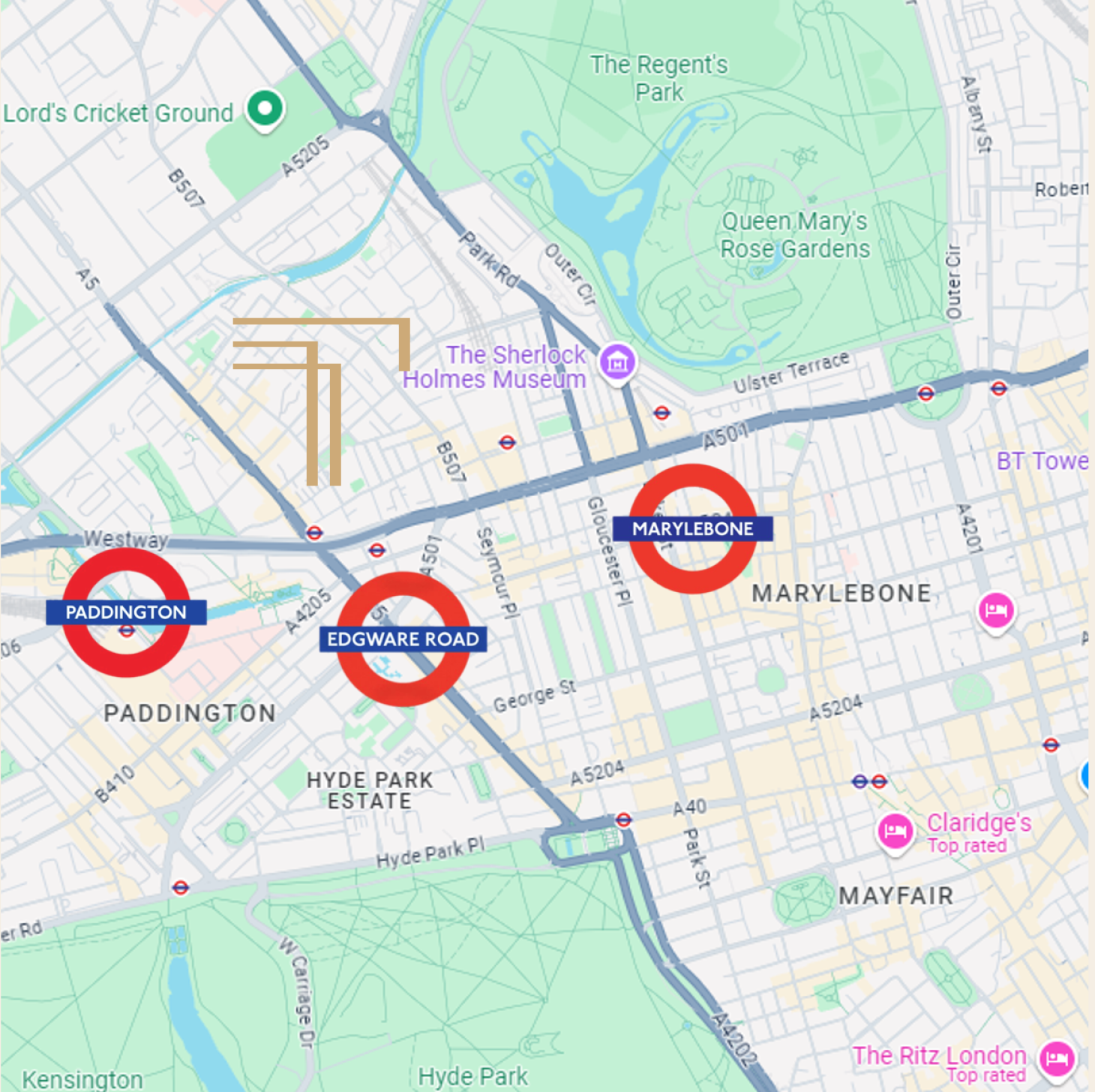 Map of London luxury apartments near Marylebone, Paddington, and Edgware Road stations and Hyde Park. Map of London luxury apartments near Marylebone, Paddington, and Edgware Road stations and Hyde Park.